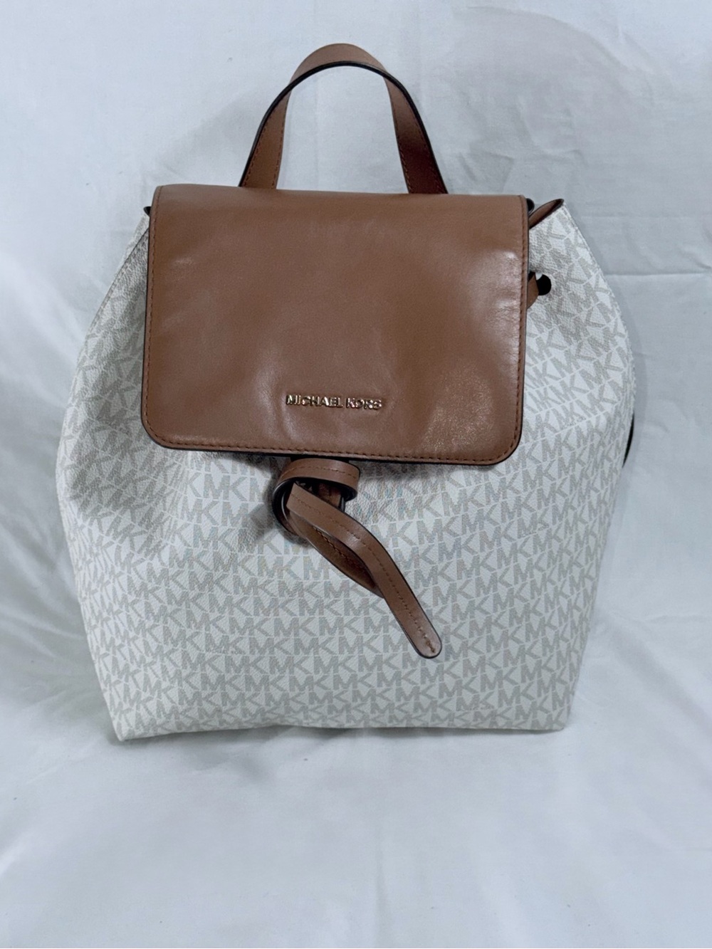Michael Kors Junie Medium Vanilla MK Logo Drawstring Backpack Acorn Leather